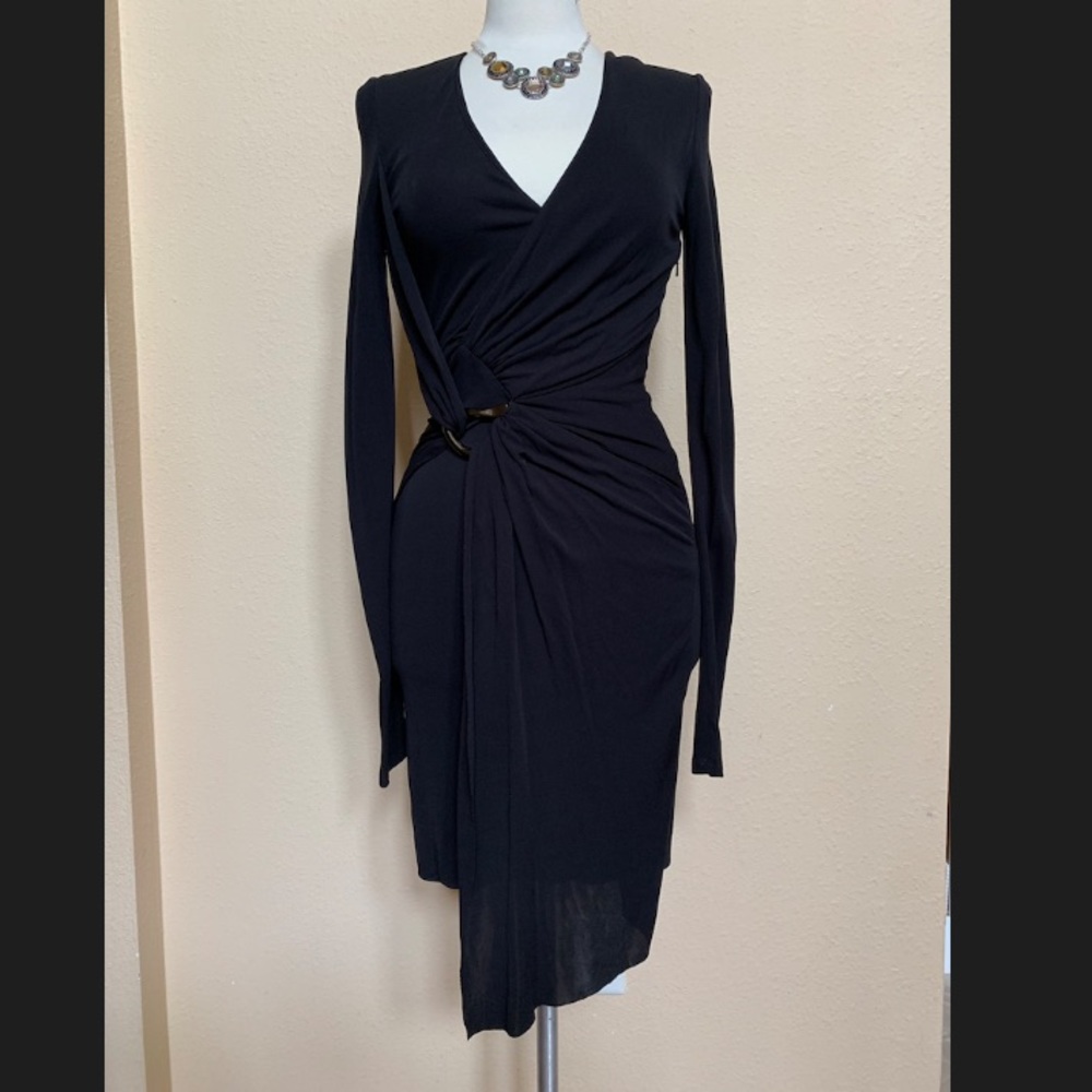 ❤️ Halston Black wrap effect ruched dress